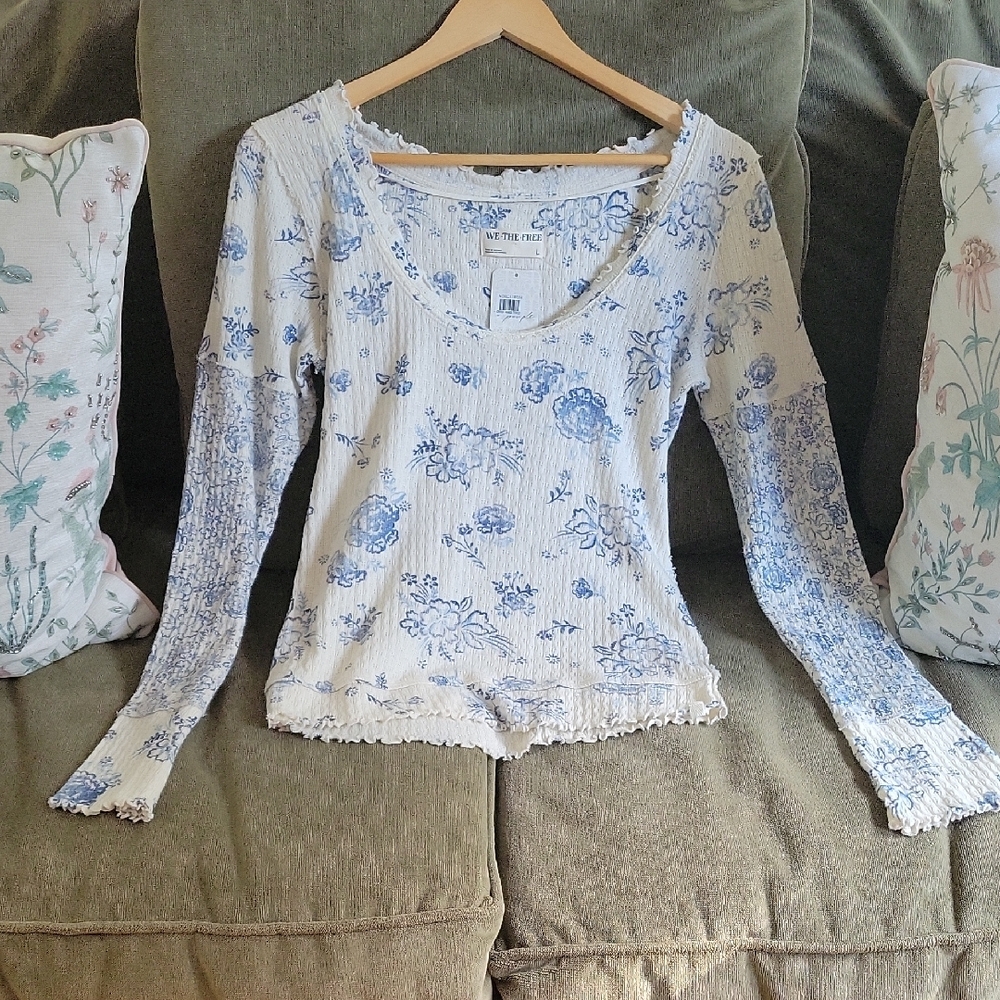 Free People Blue Floral Long Sleeve Top